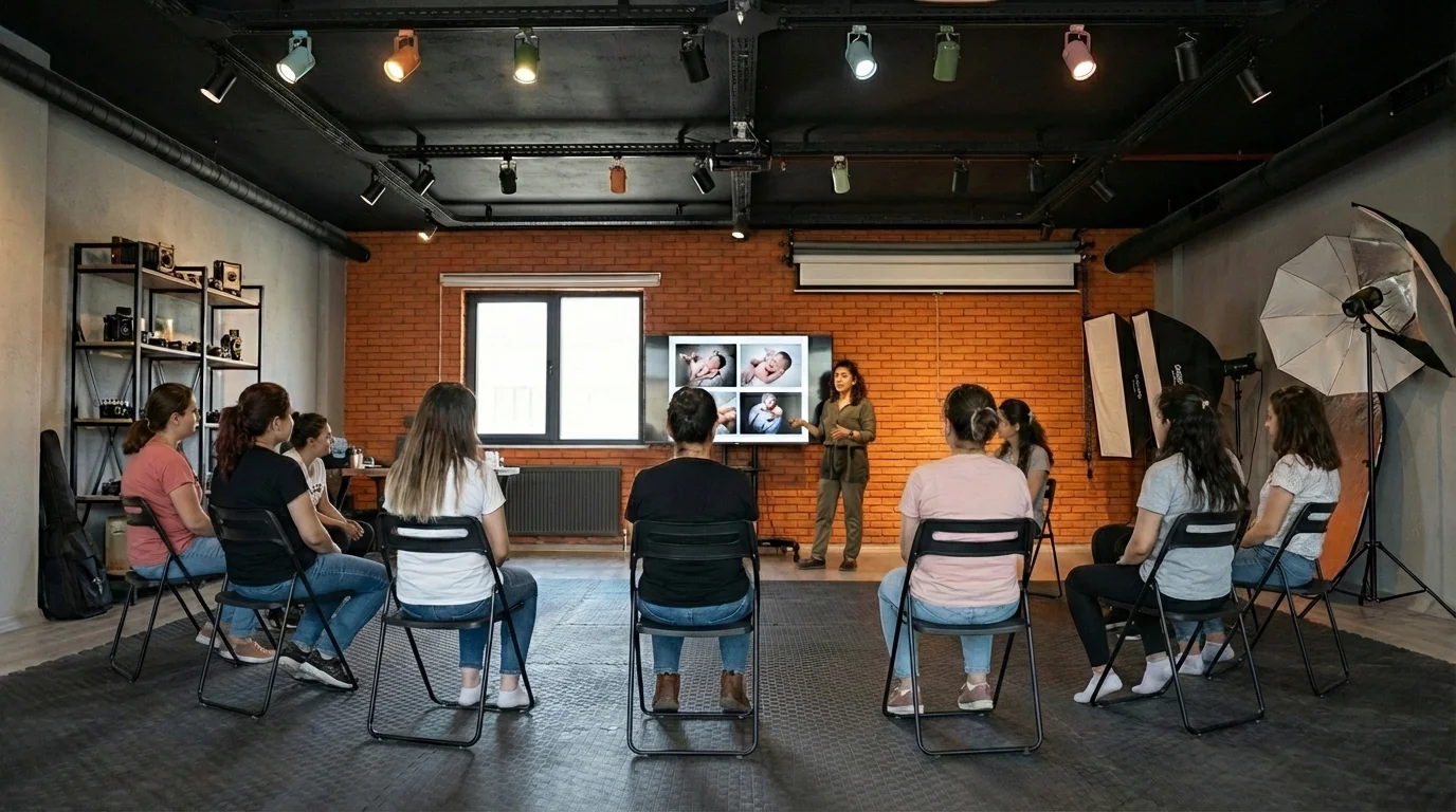 Fotoğrafçılık kursu öğrencileri stüdyoda eğitmen eşliğinde doğum fotoğrafçılığı tekniklerini öğrenirken.